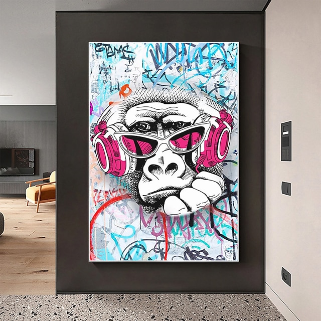  Pop-Graffiti-Kunst, Musik hören, Hip-Hop-Affe, handgemaltes Leinwandgemälde, handgemachte Graffiti-Wandkunst, Wohnzimmerdekoration, ohne Rahmen