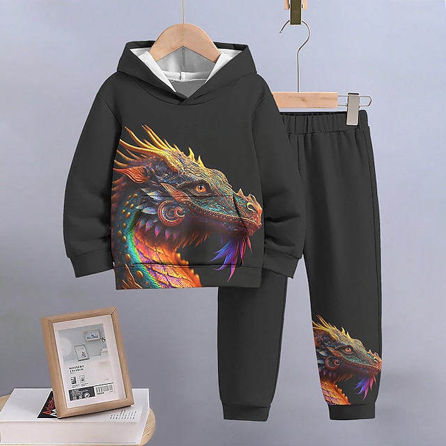  Chico 3D Dinosaurio Dragón Conjunto de sudadera con capucha y pantalones deportivos Conjunto Manga Larga Impresión 3d Otoño Invierno Activo Moda Fresco Niños 3-12 años Exterior Vacaciones Calle