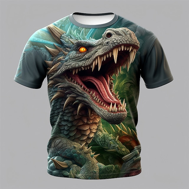  3D-Dinosaurier-T-Shirt für Jungen, kurzärmelig, 3D-Druck, Sommer, Frühling, aktiv, Sport, Mode, Polyester, Kinder 3–12 Jahre, draußen, lässig, täglich, normale Passform