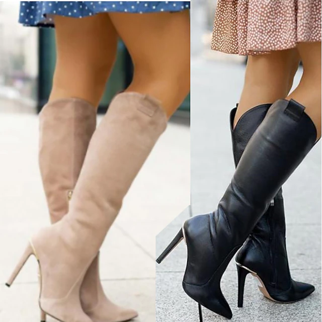 Women's Beige Faux Suede Knee-High Boots with Pointed Toe and Stiletto Heels - Elegant Fall and Winter Footwear for Parties and Formal Events 6