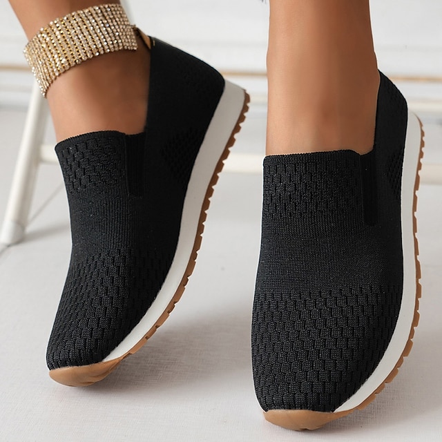  Dame Loafers Store størrelser Flyknit sko Daglig Helfarge Flat hæl Rund Tå minimalisme Flying Weaving Tøfler Svart Hvit