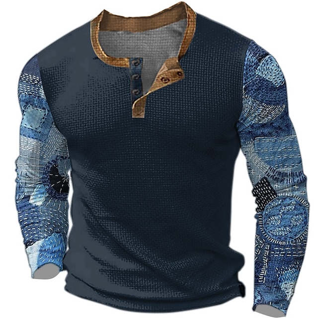  Graphic Color Block Tribal Designer Retro Vintage Ethnic Men's 3D Print Henley Shirt Waffle T Shirt Sports Outdoor Holiday Festival T shirt Black Navy Blue Blue Long Sleeve Henley Shirt Spring &  Fall
