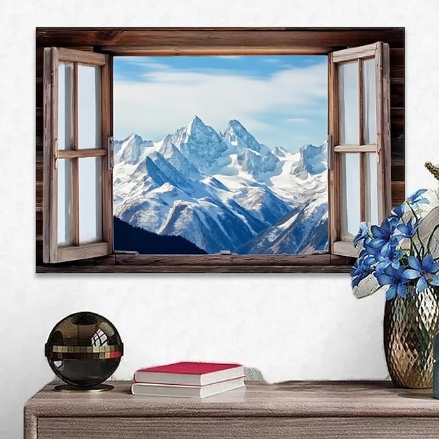  Lienzo artístico de pared con paisaje, ventana falsa, impresiones y carteles de montañas nevadas, imágenes de paisajes, pintura decorativa de tela para sala de estar, imágenes sin marco