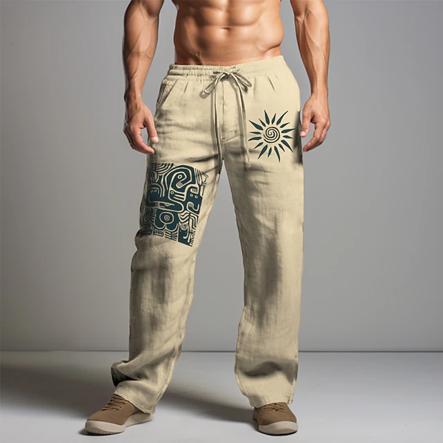 Men's Graphic Sun Tribal Pants Trousers Mid Waist Vintage Vacation Daily Wear Going out Spring Fall Black White Khaki 8