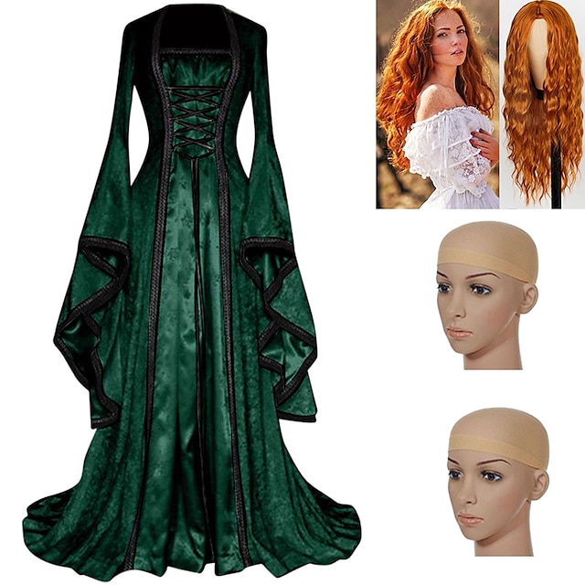  Set with Medieval Lace Up Dress Long Water Wave Red Wigs 2* Wig Caps Renaissance Vintage Dress Outlander Vikings Plus Size Women's Cosplay Costume Halloween LARP Party Festival Dress
