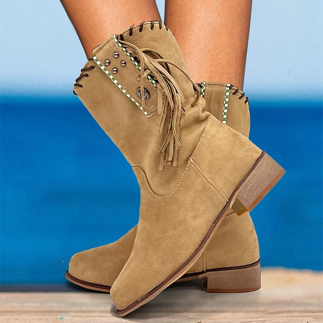  Women's Beige Suede Western Boots with Fringe and Studded Details – Casual Cowgirl Style for Outdoor and Festival Wear