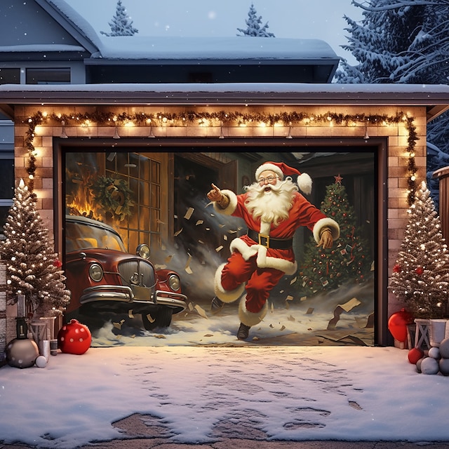 Christmas Door Decorations Outdoor Garage Door Cover Santa Xmas Door ...