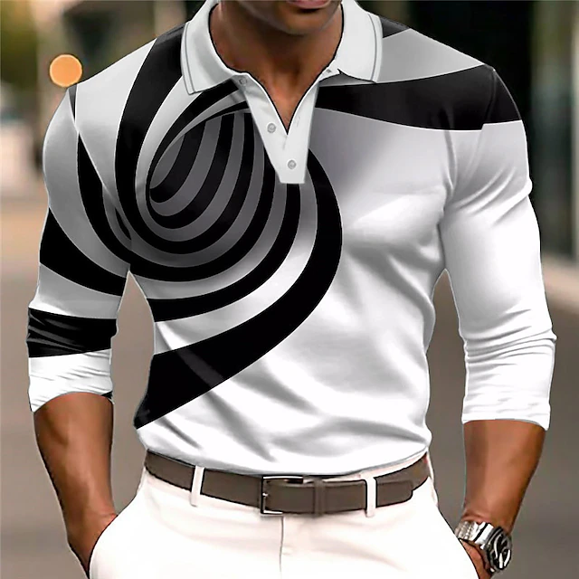 Men's Graphic Polo Shirts Golf Shirt Long Sleeve Polo Shirts Collared Shirts Casual Vacation Wear Rave Wear Party Outfits 3D Print Buttons Fall & Winter Black Wine Blue 5