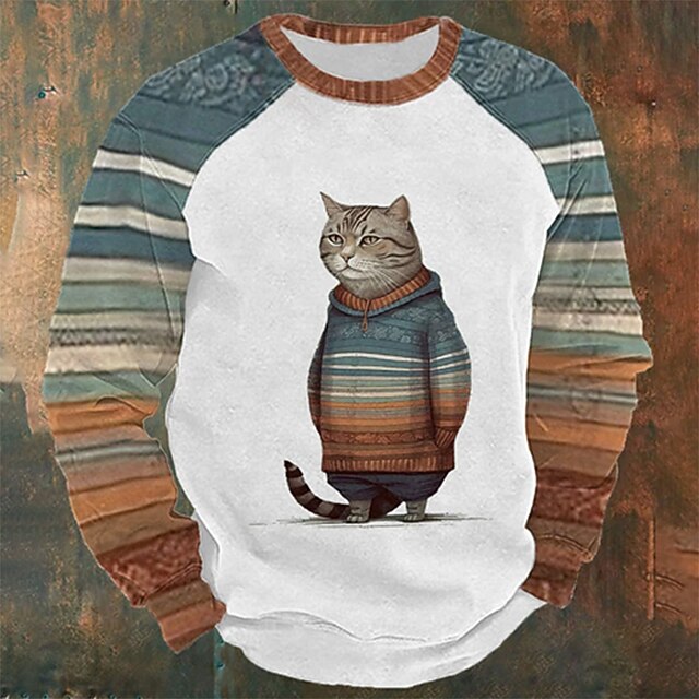 Men's Animal Cat Graphic Prints Sweatshirts Sweatshirt Pullover Raglan Hoodie Long Sleeve Sweatshirt Crew Neck Daily Classic Casual 3D Print Holiday Going out Streetwear Print Spring &  Fall2