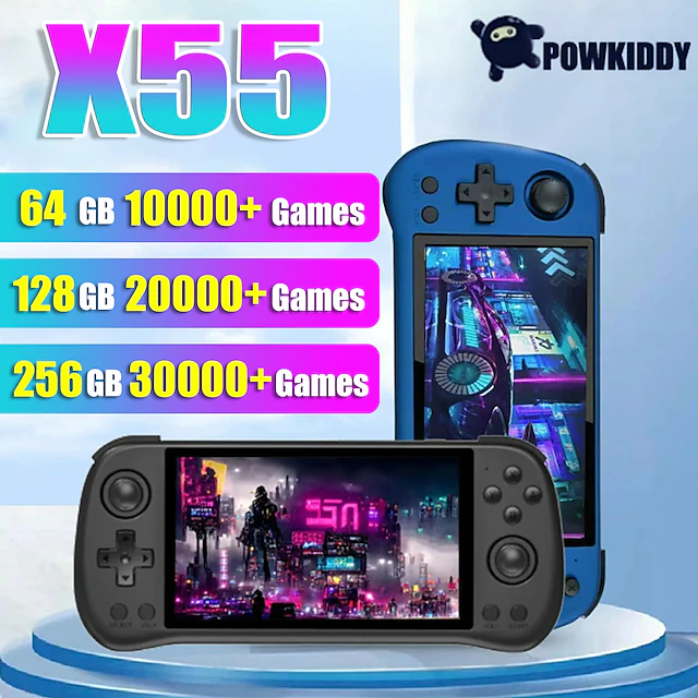 Powkiddy X55 Handheld Game Console with Built-in Games IPS RGB Screen 5.5-Inch (256G 30000 Games), Perfect Christmas Birthday Party Gifts for Friends and 18