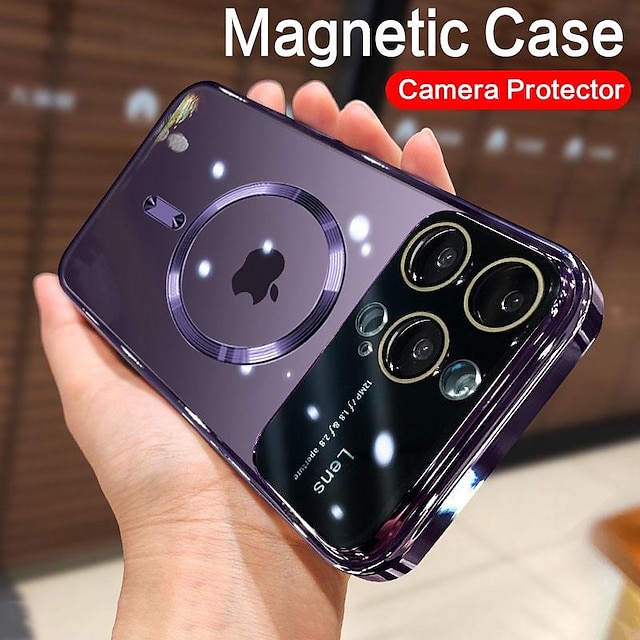  Draadloos opladen Clear Case Groot vensterglas Lensbeschermer Cover Magsafe Magnetische Case Voor Iphone 15 14 13 12 11 Pro Max 14plus Xr Xs X 7 8 Plus