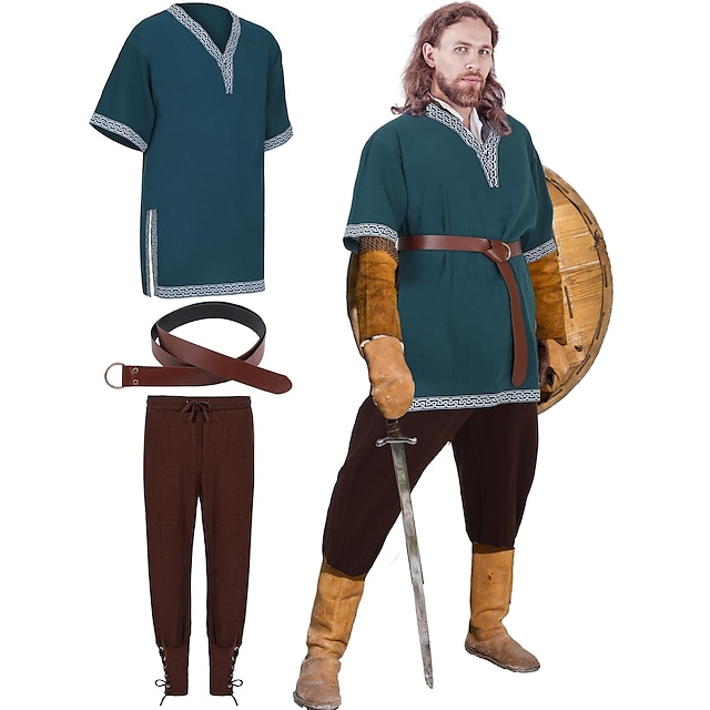  3 قطع من أزياء الهالوين للرجال في العصور الوسطى، قمصان عصر النهضة الفايكنج والقراصنة المحارب، سراويل قوطية، حزام الفارس، أزياء تنكرية لارب