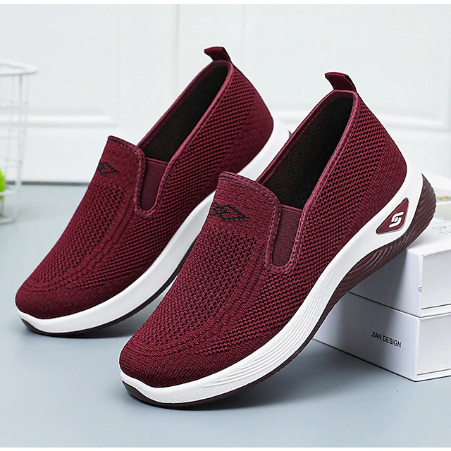 Women's Sneakers Comfort Shoes Outdoor Solid Color Summer Flat Heel Round Toe Fashion Sporty Casual Walking Tissage Volant Elastic Band Wine Black Dark Purple 18