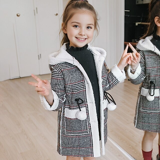 Kids Girls' Woolen Coat Long Sleeve Pink khaki White Plaid Winter Fall Fashion Outdoor 7-13 Years 10
