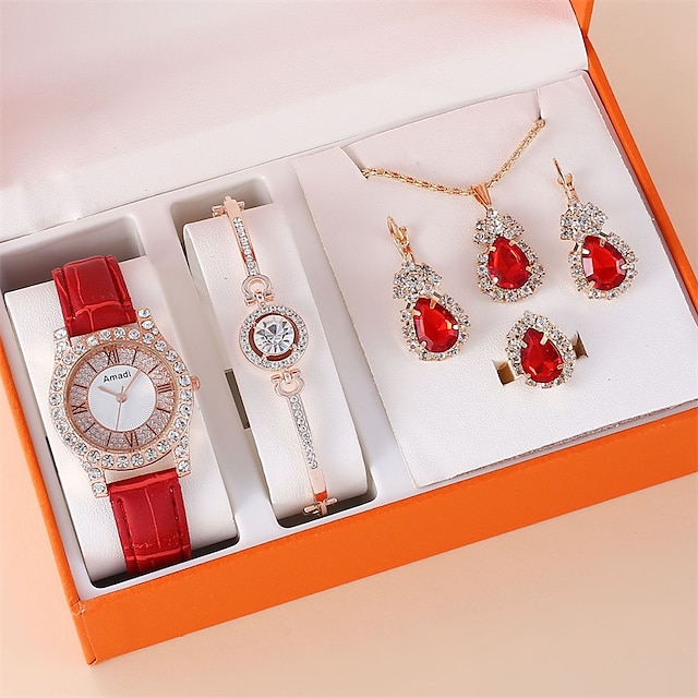  Σετ 5τμχ γυναικεία ρολόγια ρολόι δερμάτινο λουράκι casual γυναικείο αναλογικό ρολόι χειρός βραχιόλι κρεμαστά σκουλαρίκια σετ δώρου με κουτί