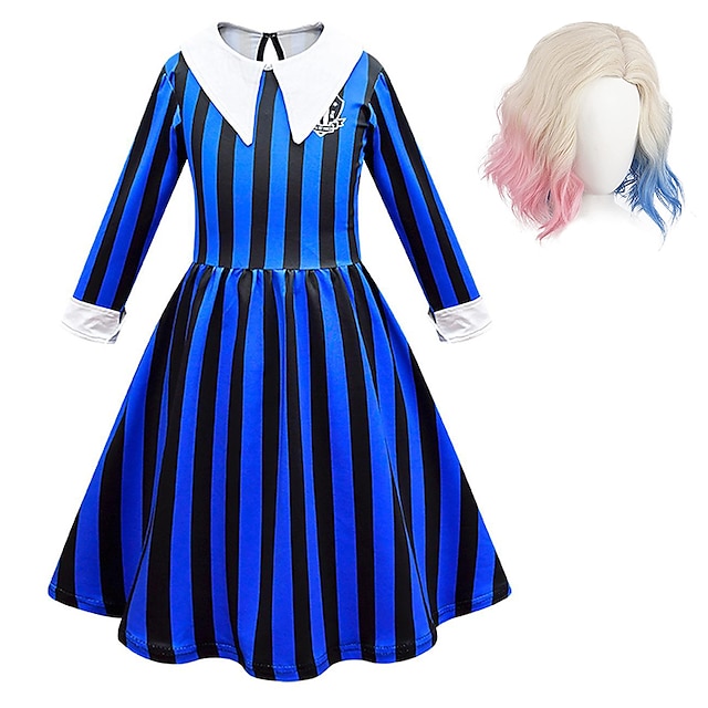  Среда Аддамс, платье для среды, косплей из фильма для девочек, синее, фиолетовое, серое платье, карнавальное, маскарадное, из полиэстера, костюмы для Всемирного дня книги с париком