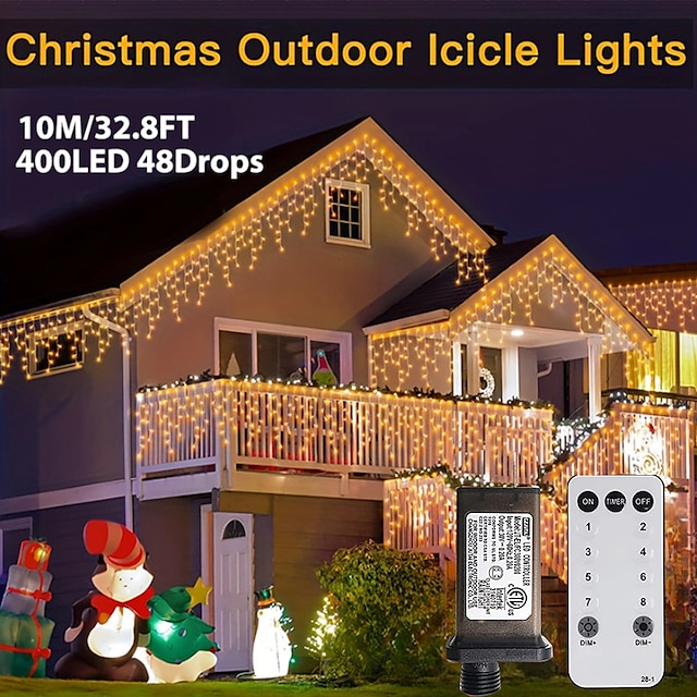  1 Pack Christmas 10 Meters 400 LEDs Icicle Lights Outdoor Christmas Lights with 8 Modes Timers Remote Waterproof, Plug in Connectable Fairy String Lights for Outside and Indoor House