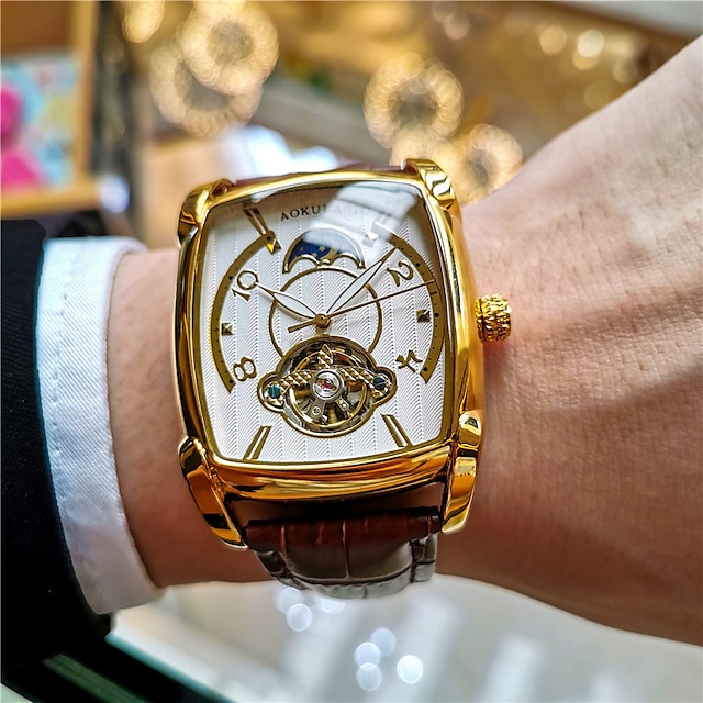  男性 機械式時計 クリエイティブ ファッション ビジネス 腕時計 自動巻き ムーンフェイズ表示 光る 防水 レザー 腕時計
