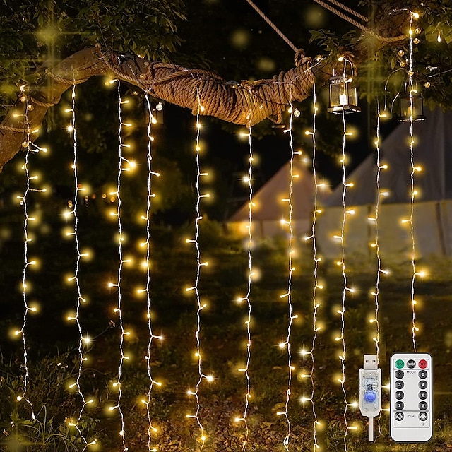  300 LED 9.8x9.8フィートリモコンクリスマスカーテンライトUSBプラグイン妖精カーテンライト屋外窓壁掛けカーテンストリングライト寝室の背景ウェディングパーティー屋内装飾ウォームホワイト