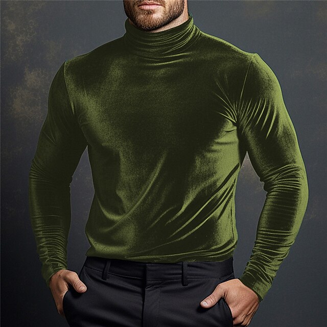 Men's T Shirt Velvet Tee Tee Top Long Sleeve Shirt Long Sleeve Turtleneck Spring & Fall Plain Fashion Designer Basic Velvet Vacation Street Going out Black Red Green Top Tee for Men 9