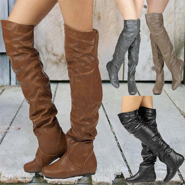  Women's Boots Biker boots Combat Boots Plus Size Party Outdoor Office Solid Color Over The Knee Boots Thigh High Boots Summer Winter Flat Heel Round Toe Elegant Casual Minimalism Faux Leather Zipper