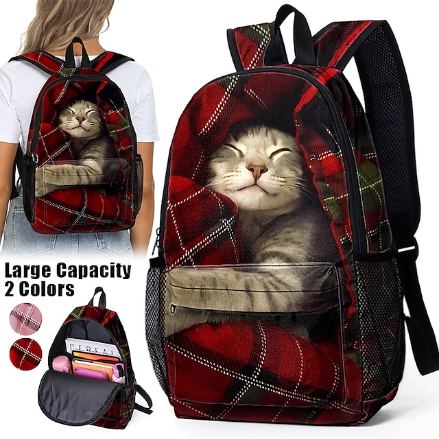  Dámské batoh Školní taška 3D batoh Škola Vánoce Denní Kočka Polyester Velká kapacita Lehká váha Odolné Zip Grafika Červenočerná Světlá růžová