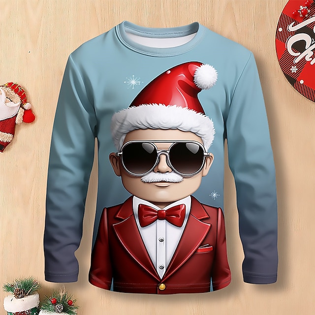  Gutt 3D julenissen T-skjorte Skjorte Langermet 3D-utskrift Høst Vinter Sport Mote Gatemote Polyester Barn 3-12 år Crew-hals utendørs Avslappet Daglig Normal