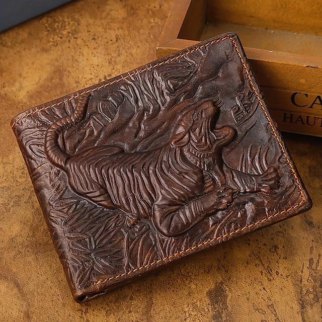  محفظة رجالية كلاسيكية من الجلد الطبيعي بطباعة ثلاثية الأبعاد وحامل بطاقات على شكل نمر