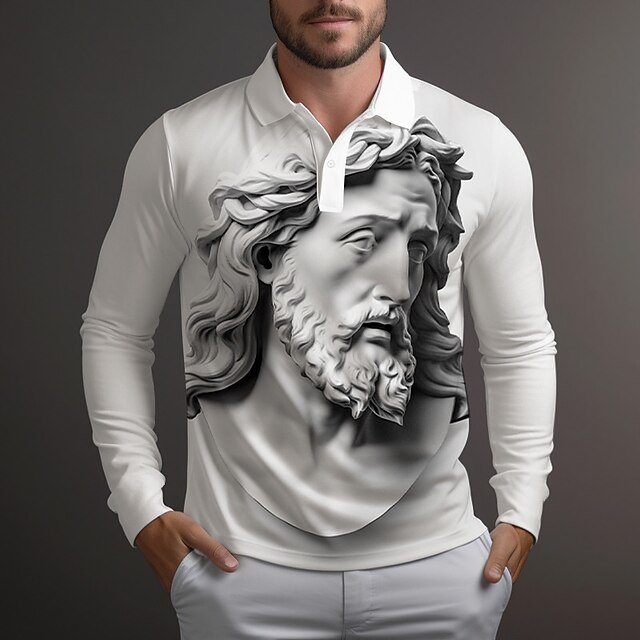 Men's Christian Polo Shirts Golf Shirt Long Sleeve Polo Shirts Collared Shirts Casual Vacation Wear Party Outfits 3D Print Buttons Fall & Winter White Red Blue 7