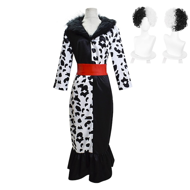  One Hundred and One Dalmatians Cruella De Vil Dress Masquerade Women‘s Movie Cosplay Vacation Black Dress 1 Belt Carnival Masquerade Polyester With Wig