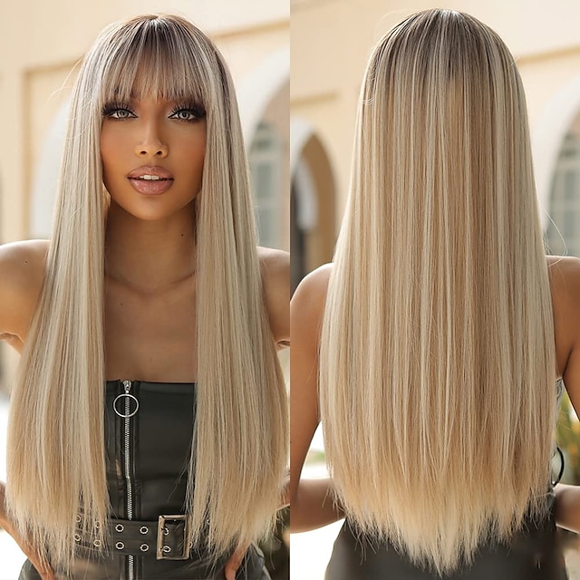  allbell långa raka blonda peruker med lugg ombre hår syntetiska peruker för kvinnor värmebeständig fiber