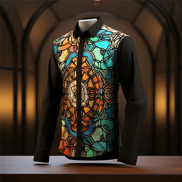 Men's Color Block Colorful Shirt Button Up Shirt Long Sleeve Artistic Abstract Daily Wear Going out Fall & Winter Turndown Print Button-Down Red Blue Purple Orange 5