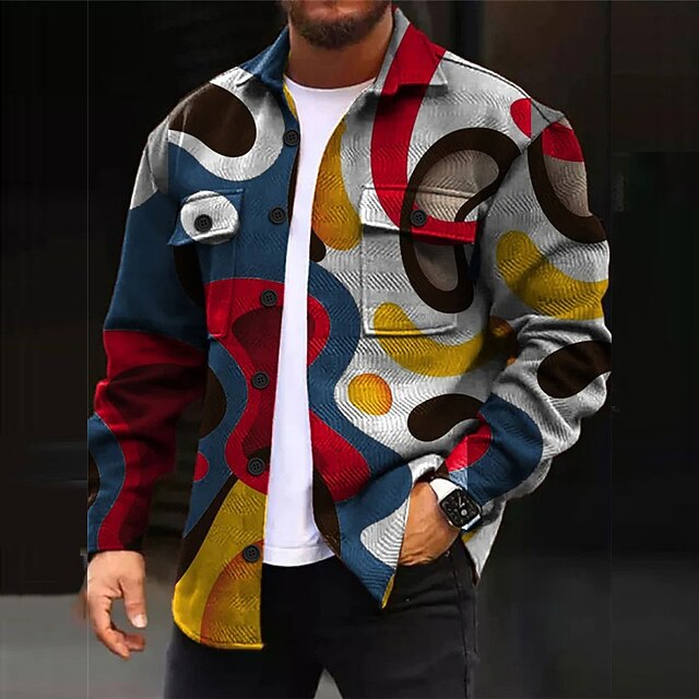 Men's Ombre Color Block Geometric Pattern Shirt Shirt Jacket Overshirt Long Sleeve Casual Outdoor Street Casual Daily Fall & Winter Turndown Buttons Pocket Print Dark Navy Blue3