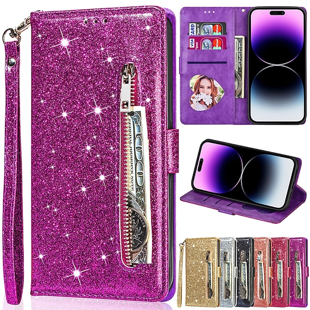  Handy Hülle Handyhüllen Für iPhone 15 Pro Max Plus iPhone 14 13 12 11 Pro Max Mini X XR XS Max 8 7 Plus Brieftasche Kartenetui mit Halterung Bling Glitzer glänzend Kartenschlitz PU-Leder