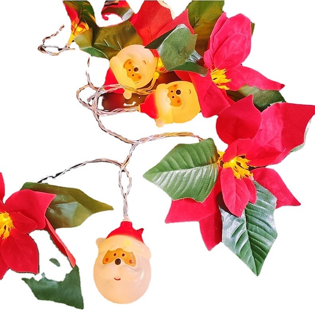  Guirlanda de flores de poinsétia de natal, luzes de corda de papai noel, enfeite de árvore de natal, decoração artificial de guirlanda de festa de natal