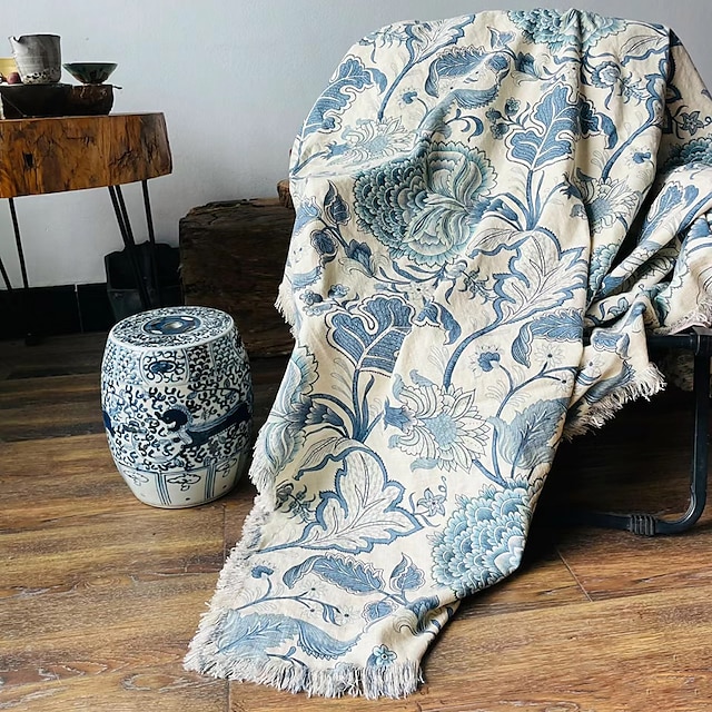  Cobertor de linho com padrão floral e franja para sofá/cama/sofá/presente, linho lavado natural, cor sólida, macio, respirável, aconchegante, fazenda, decoração de casa boho