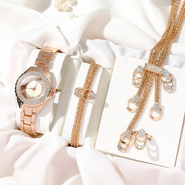  6pcs/set Women's Watch Luxury Rhinestone Quartz Watch Vintage Star Analog Wrist Watch & Jewelry Set Gift For Mom Her