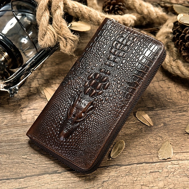  Crocodile Pattern Vintage Genuine Leather Long Wallet For men - Large Capacity Clutch Bag Multi-card Card Holder Coin Purse Wallet