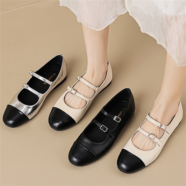  Women's Flats Ballerina Plus Size Soft Shoes Wedding Party Office Wedding Flats Buckle Flat Heel Round Toe Closed Toe Vintage Fashion Classic Faux Leather Loafer Almond Black Silver