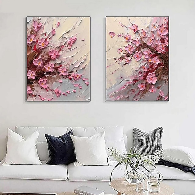  2 piezas de pintura al óleo abstracta de flor rosa sobre lienzo pintada a mano, pintura de paisaje floral con textura moderna original, arte de la pared del hogar, decoración de la sala de estar,