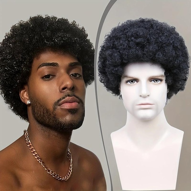  10 tums afro kinky lockigt hår peruker för män fluffigt mjukt hår ersättning peruker full maskingjorda syntetiska hår peruker naturlig svart färg