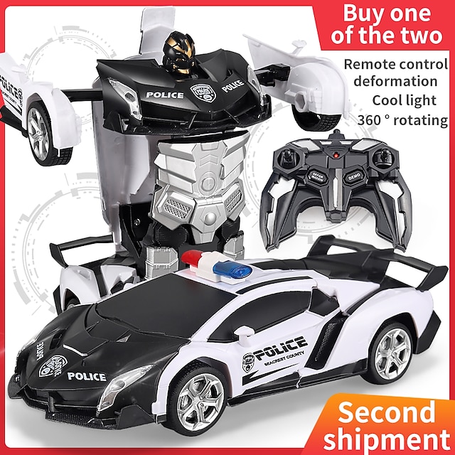  Remote Control Car - Transform , One Button Deformation to Robot with Flashing Light, 2.4Ghz 1:18 Scale Transforming Police Boys Kids Toys Gift with 360 Rotating Drifting
