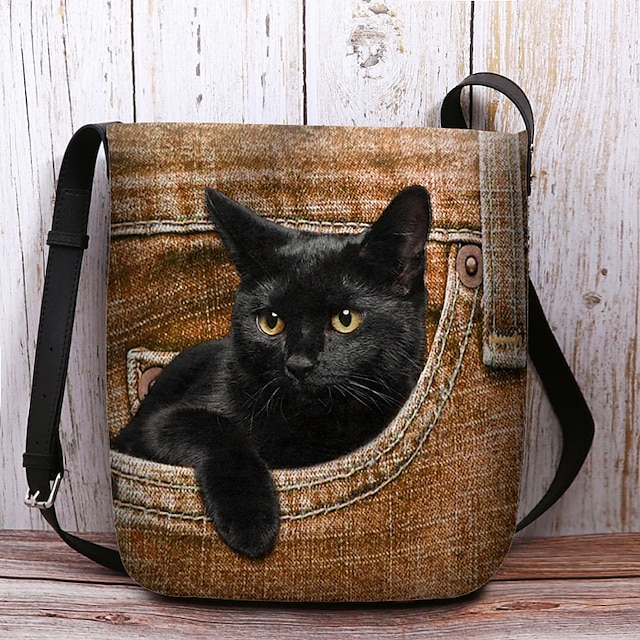  Cute Black Cat Denim Print Crossbody Bag – Casual Women's Shoulder Bag with Adjustable Strap