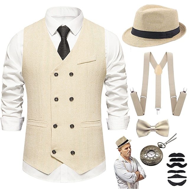  Set with Slim Fit Waistcoat Vest Panama Hat Y-Back Suspender Bow Tie Pocket Watch Moustache Vintage 1920s Gatsby Gentleman Outfits Men's Gangster Cosplay Costume Masquerade Event Party Wedding