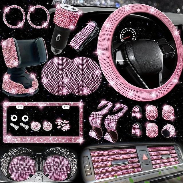  27Pcs Rhinestone Car Steering Wheel Cover Gear Shift Cover Shoulder Pad Tissue Box Coaster Bling Car Accessories Set for Women