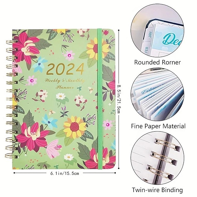  1 Stück 2024-Planer, Hardcover-Notizbuch, Wochen- und Monatsplaner, Terminkalender von Januar bis Dezember 2024