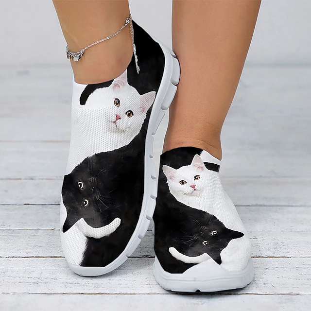 Women's Casual Slip-On Sneakers with Cute Cat Print – Lightweight and Breathable Mesh Shoes for Everyday Wear 9