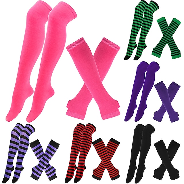  2-teiliges Set mit gestreiften Overknee-Socken und warmen Handschuhen mit langem Arm, Weihnachtssocken für Damen, Y2K-Retro-Weihnachtsaccessoires, Mardi Gras