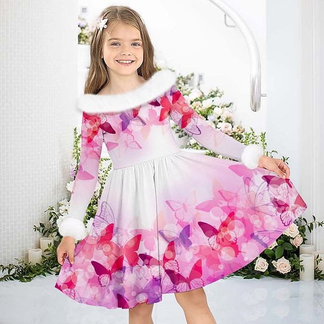  Girls' 3D Butterfly Dress Pink Long Sleeve 3D Print Fall Winter Sports & Outdoor Daily Holiday Cute Casual Beautiful Kids 3-12 Years Casual Dress Swing Dress A Line Dress Above Knee Polyester Regular