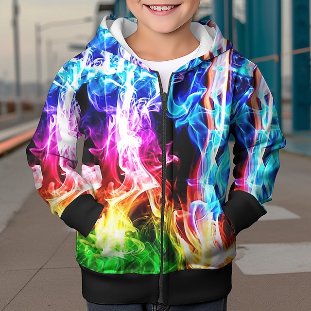  Jungen-Kapuzenpullover mit 3D-Grafik, Oberbekleidung, langärmelig, 3D-Druck, Herbst, Winter, Mode, Streetwear, cooles Polyester, Kinder, 3–12 Jahre, Reißverschluss, Kapuze, Outdoor, lässig, täglich,